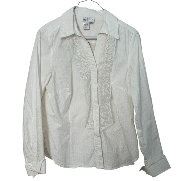 Coldwater Creek Shirt Button Up Pirate Ruffle Front Lace White Long Sleeve Sz PM - Picture 1 of 10